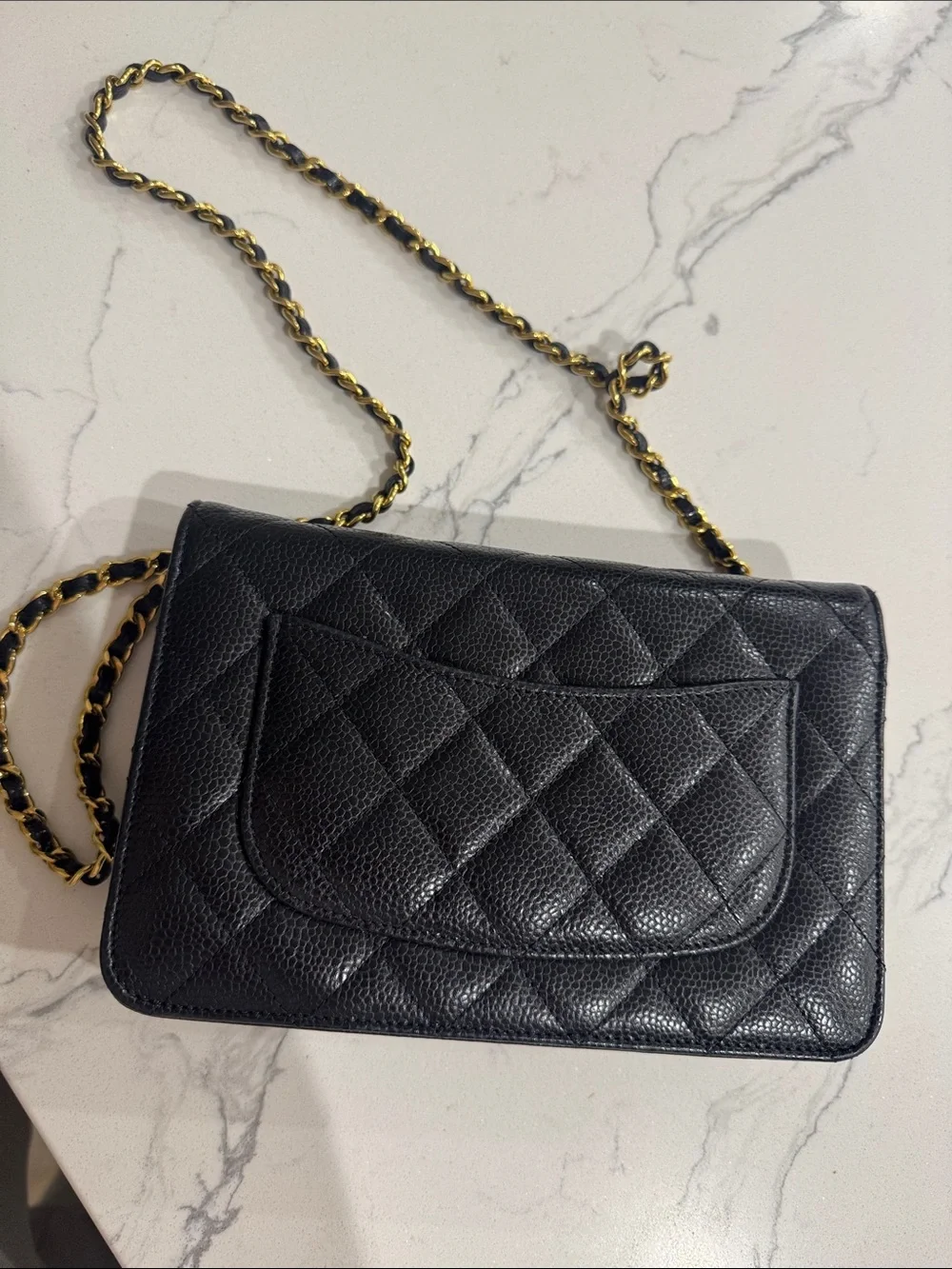 CHANEL wallet on chain Black Quilted Caviar Leather Gold Chain